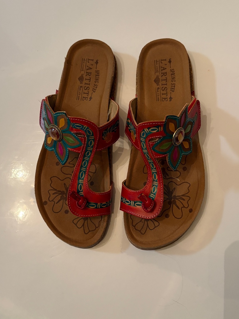 L'ATISTE Red Floral Leather Slide Sandals with Multicolor Appliqué